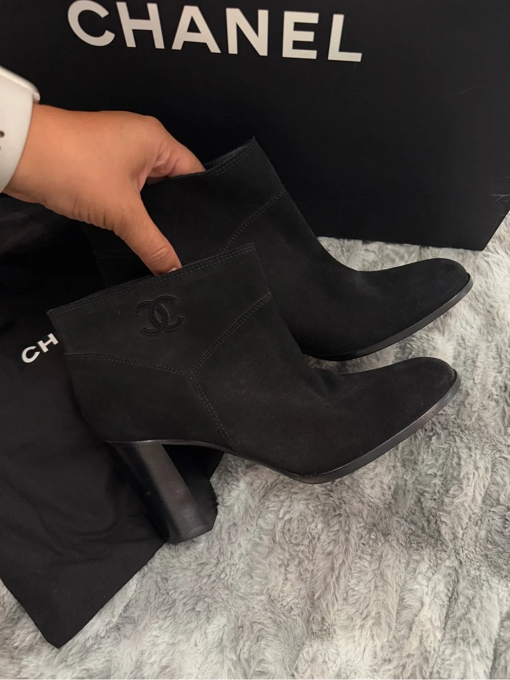 CHANEL Black Suede Ankle Booties with Sculpted Heel